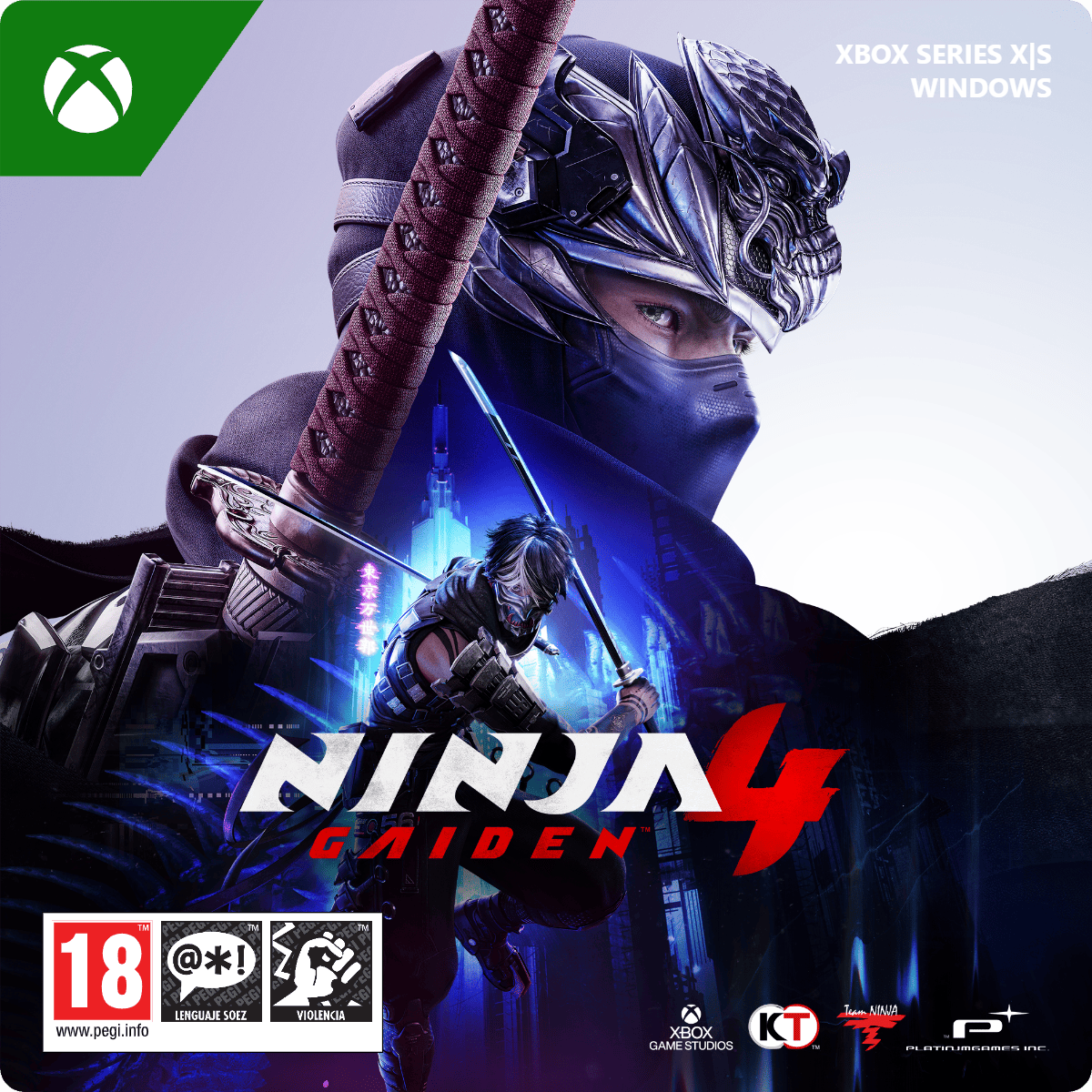 Portada del juego Ninja Gaiden 4. Un ninja con una espada en primer plano, con una máscara de ninja grande y detallada al fondo.