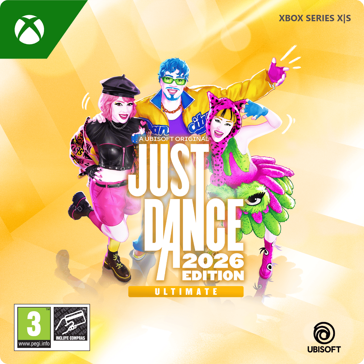 Portada de 'Just Dance 2026 Edition'. Presenta tres figuras bailando con atuendos vibrantes sobre un fondo amarillo.