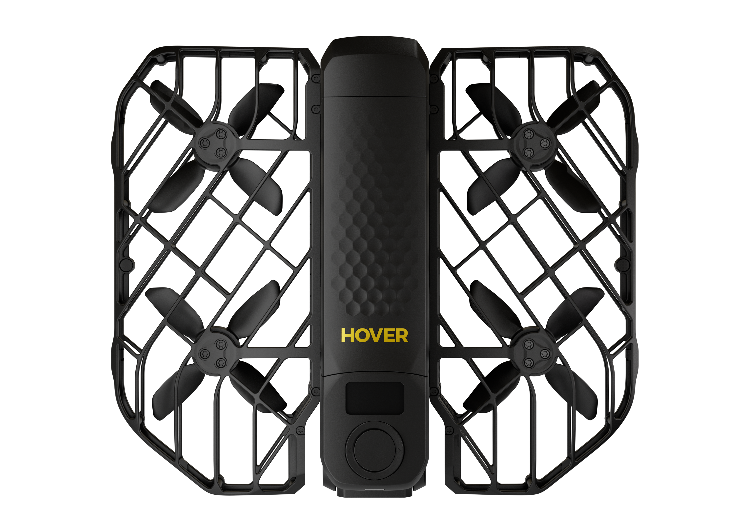 Schwarze Drohne mit Propellern und HOVER-Text auf schwarzem Hintergrund.