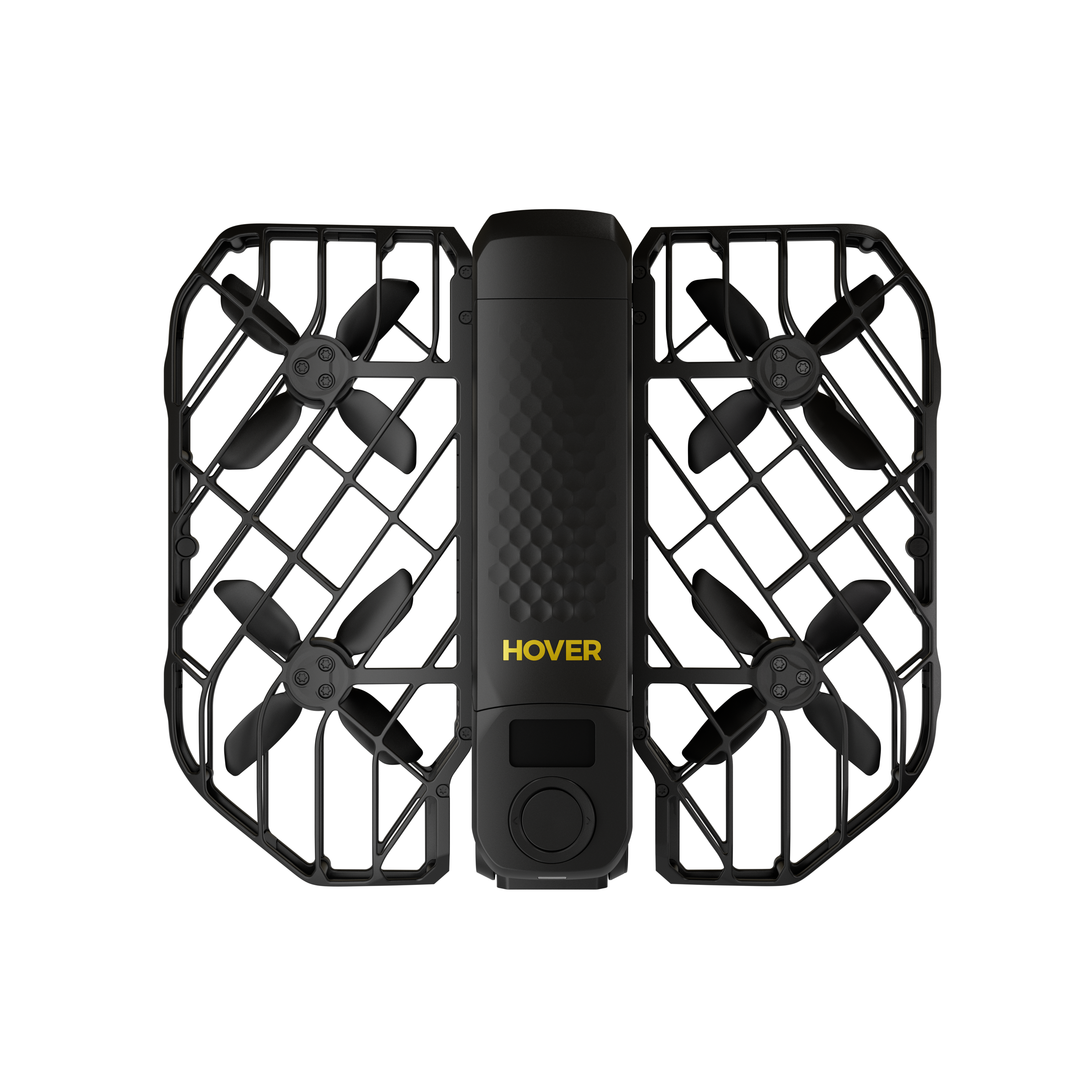 Schwarze Drohne mit Schutzgittern und Propellern, 'HOVER' in Gelb in der Mitte, vor schwarzem Hintergrund.