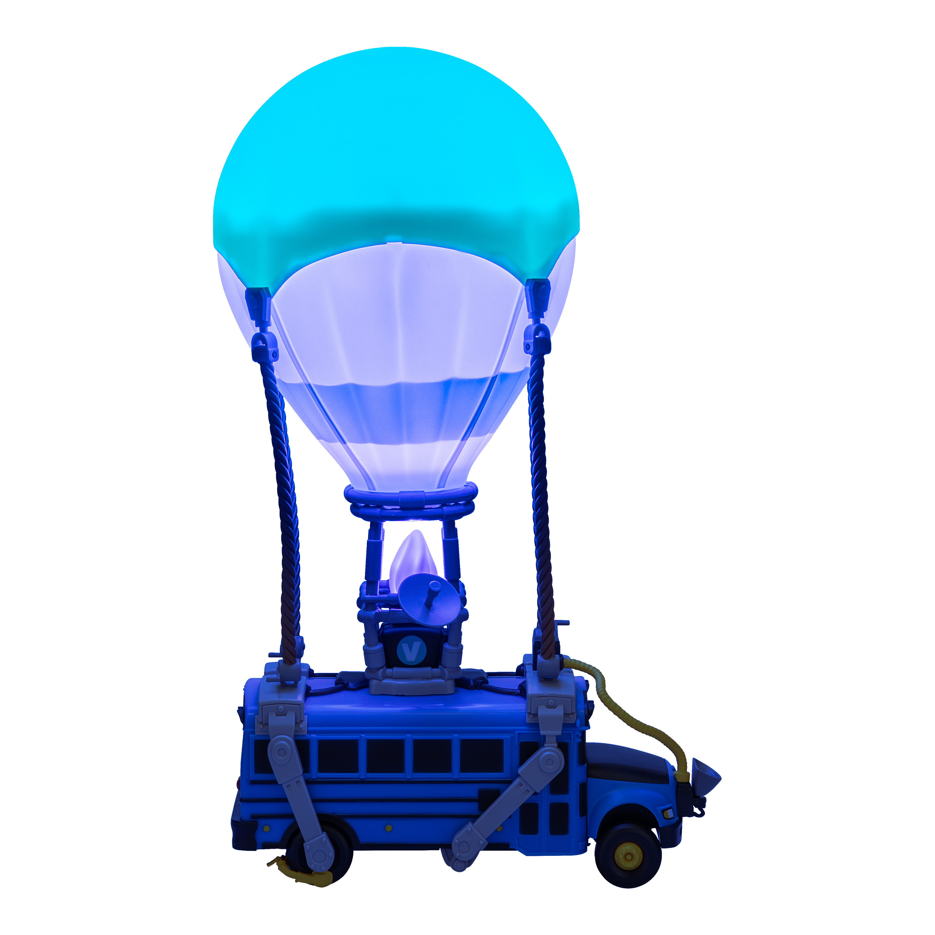 Ein Spielzeug-Schlachtbus mit blauem Körper und einem tealfarbenen Ballon. Es hat ein sichtbares 'V'-Logo und gelbe Räder.