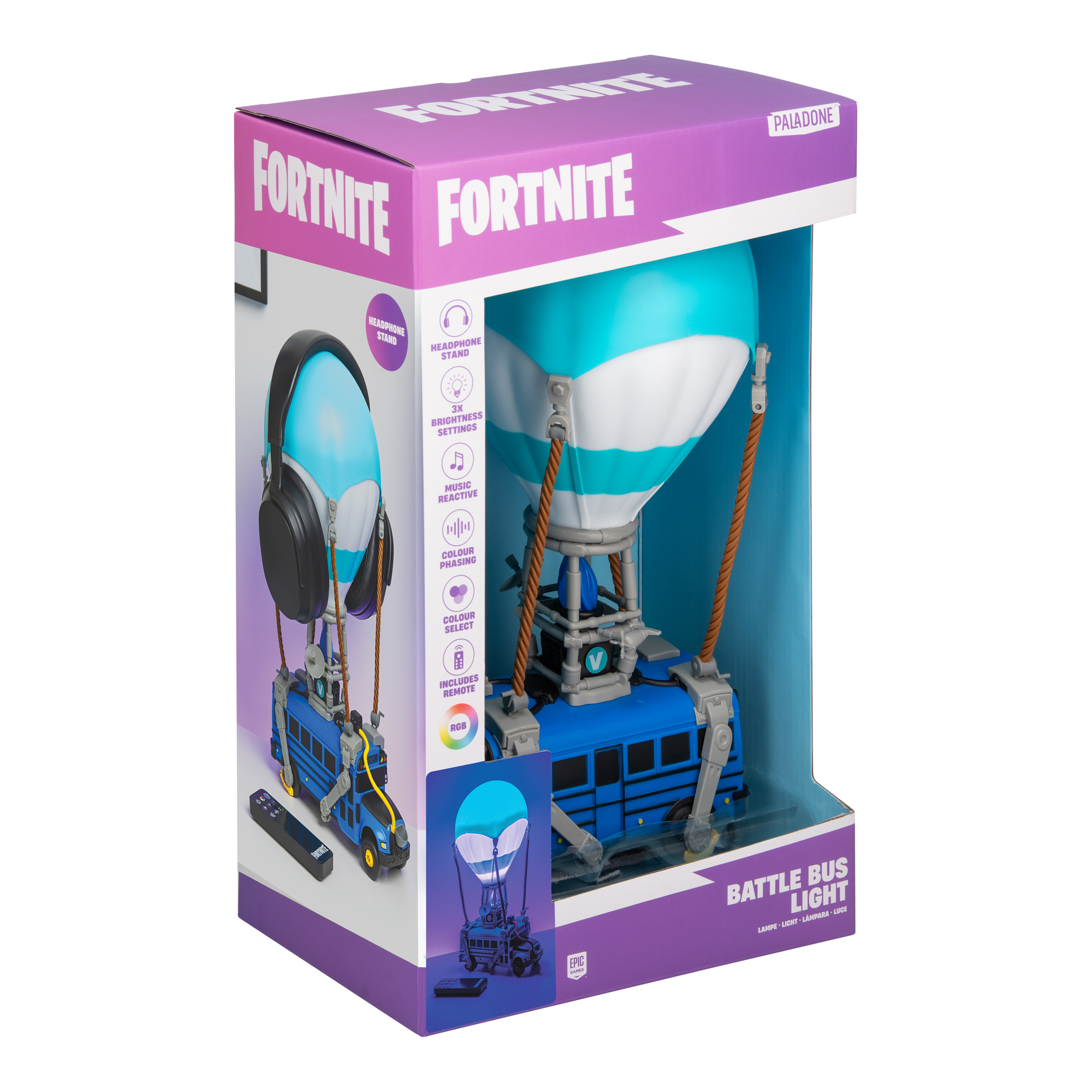 Ein Fortnite Battle Bus-Licht in einer Box mit Kopfhörern, einer Fernbedienung und einem Heißluftballon-Design.