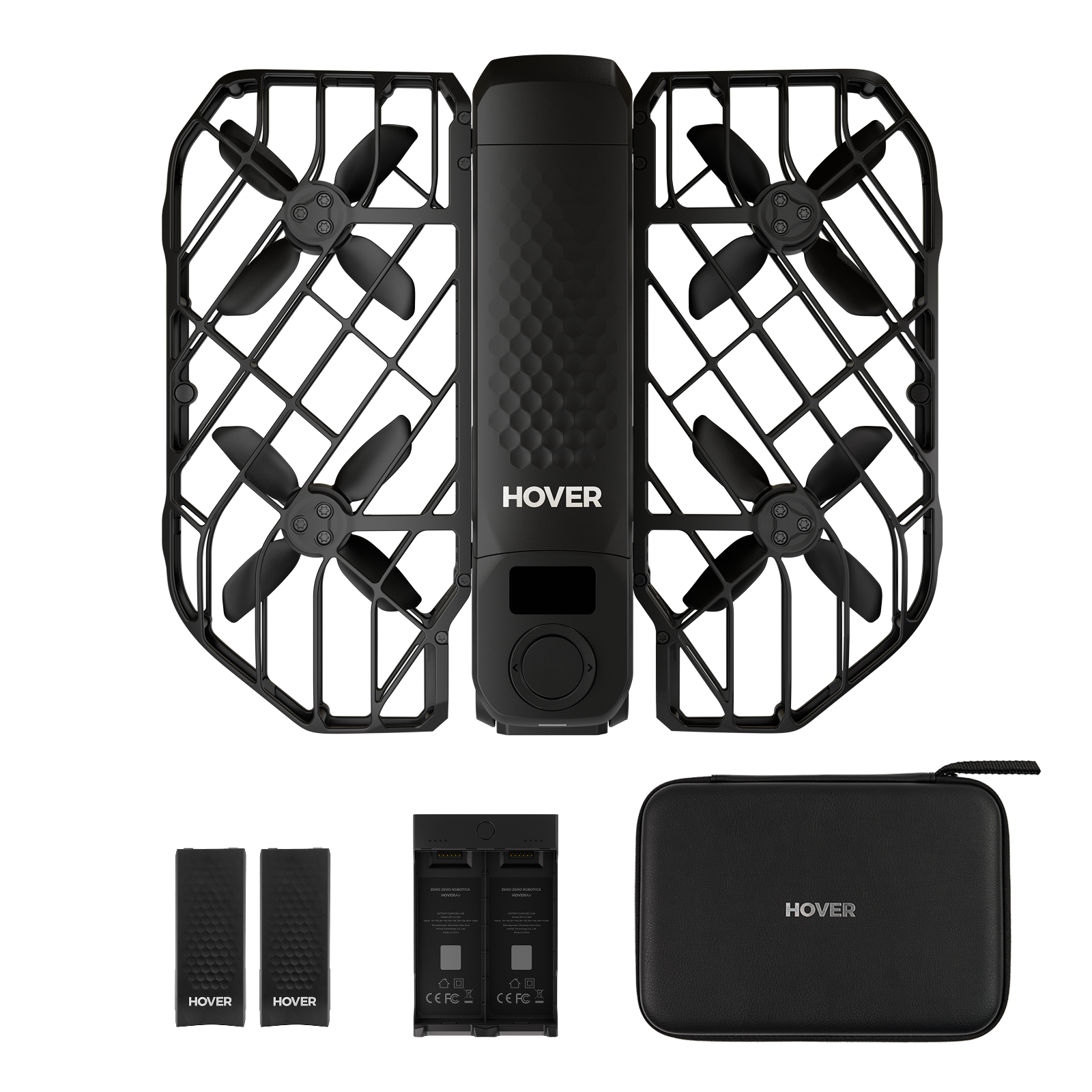 Schwarze Drohne mit Propellern, Batterien, Ladegerät und einem Koffer. Alle Artikel sind schwarz und mit 'HOVER' versehen.