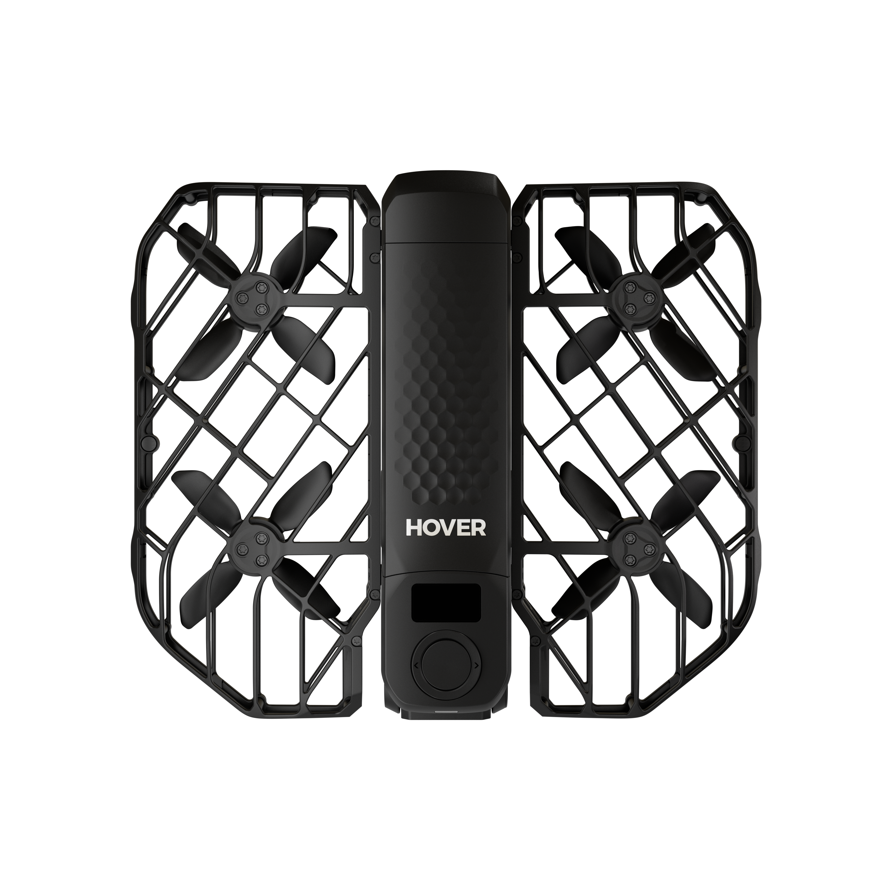 Schwarze Drohne mit Propellern, Sicherheitskäfigen und dem Wort HOVER darauf, vor schwarzem Hintergrund.