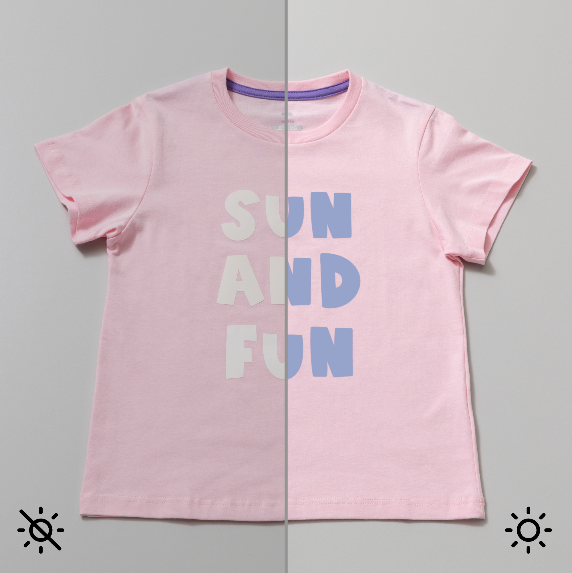 Rosa T-Shirt mit weißem und blauem Text 'SUN AND FUN'. Der Hintergrund ist grau.