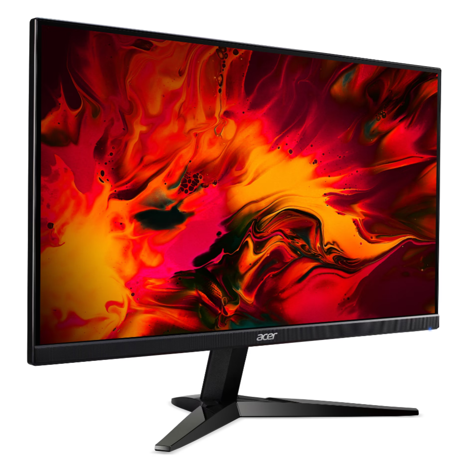Egy fekete Acer monitor lángoló absztrakt képet jelenít meg piros, narancs és sárga árnyalatokkal, fekete állványon.