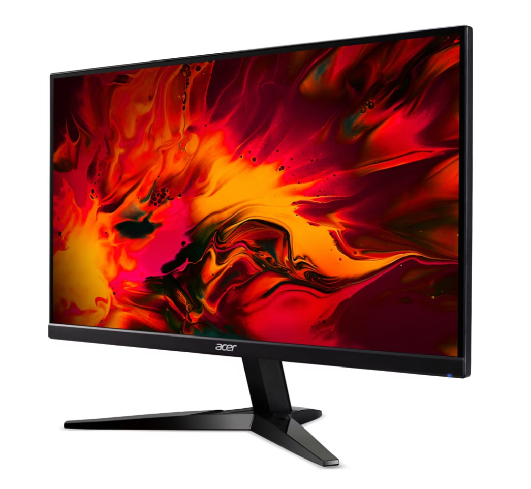 Acer monitor fekete kerettel és állvánnyal. A képernyőn egy élénk absztrakt kép látható piros, narancs és sárga színekben.