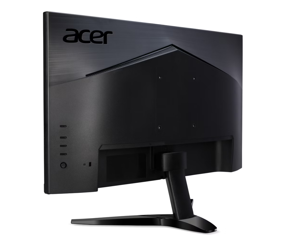 Egy fekete Acer monitor hátulja látható. Az Acer logója és több port is látható. Az állvány fekete és szögletes.