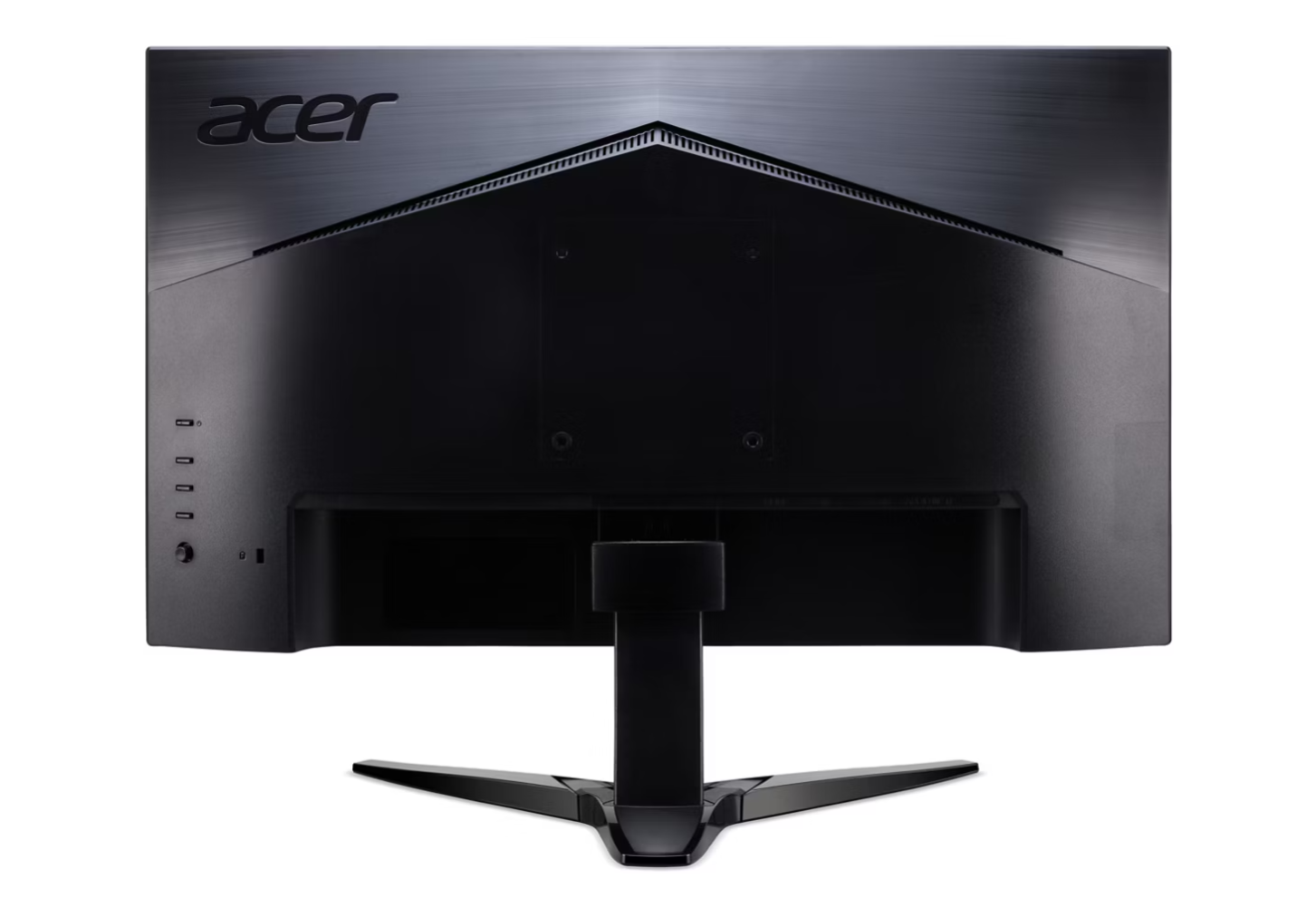 Egy fekete Acer monitor hátulja látható. Van egy állványa, több portja és az Acer logó. A háttér fehér.