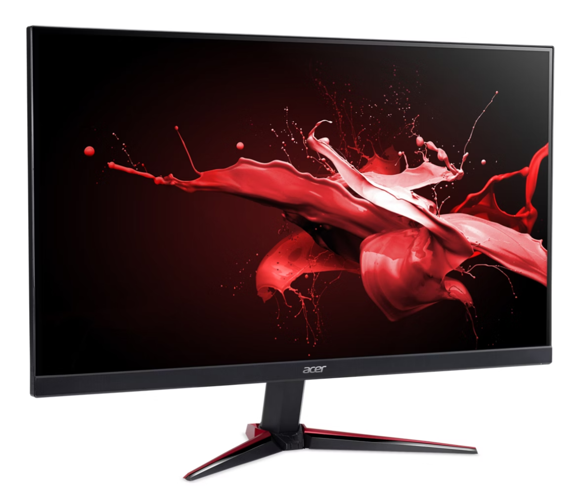 Acer monitor fekete kerettel és állvánnyal. A képernyő piros absztrakt művészetet jelenít meg sötétvörös háttéren.