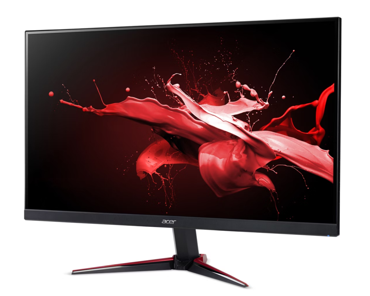 Acer monitor fekete kerettel és piros díszítéssel. A képernyő piros festékfröccsenést mutat fekete háttéren. Az állvány fekete.
