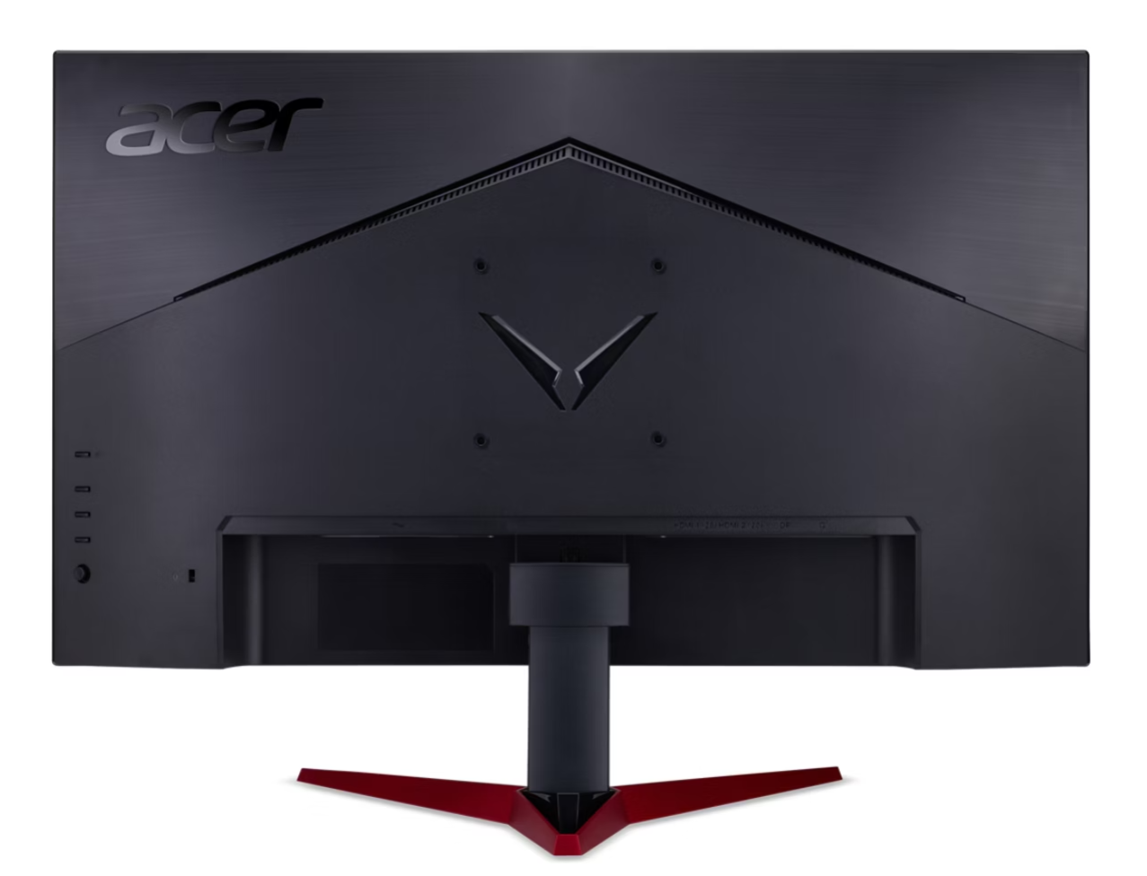 Egy fekete Acer monitor hátulja látható. Piros talpazata és állványa van. Az Acer logó látható.