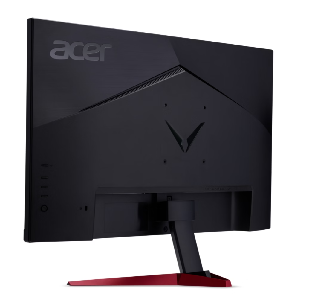 Egy fekete Acer monitor hátulja, Acer logóval és piros állvánnyal. Portok láthatók.