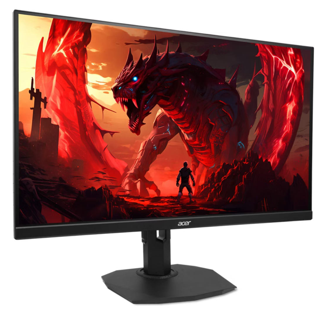 Az Acer monitor egy fantasy jelenetet jelenít meg: egy sárkányt, egy kis figurát és tüzes vörös hátteret.