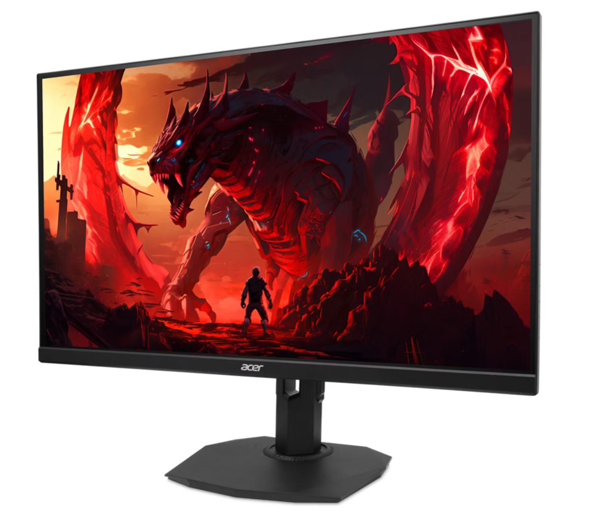Az Acer monitor egy piros sárkányt, egy kis figurát és egy tüzes hátteret jelenít meg. A monitor fekete, fekete állvánnyal.