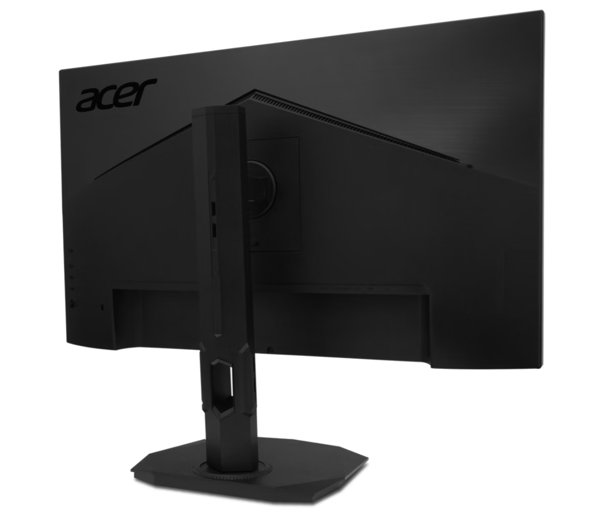 Egy fekete Acer monitor hátulja látható. Van egy állványa, Acer logója és texturált felülete. A háttér fehér.