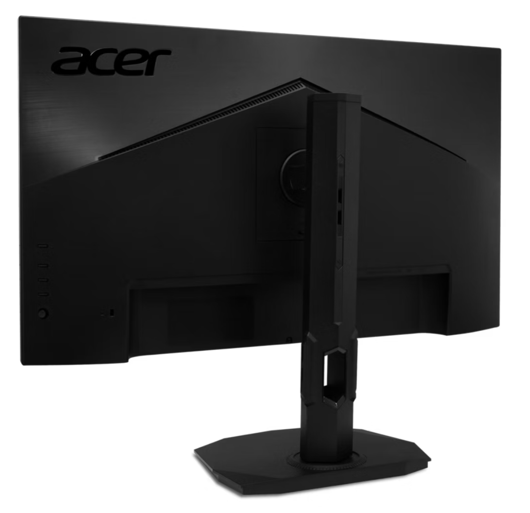 Egy fekete Acer monitor hátulja látható. Acer logóval, állvánnyal és különféle portokkal rendelkezik. A monitor fehér háttér előtt van.