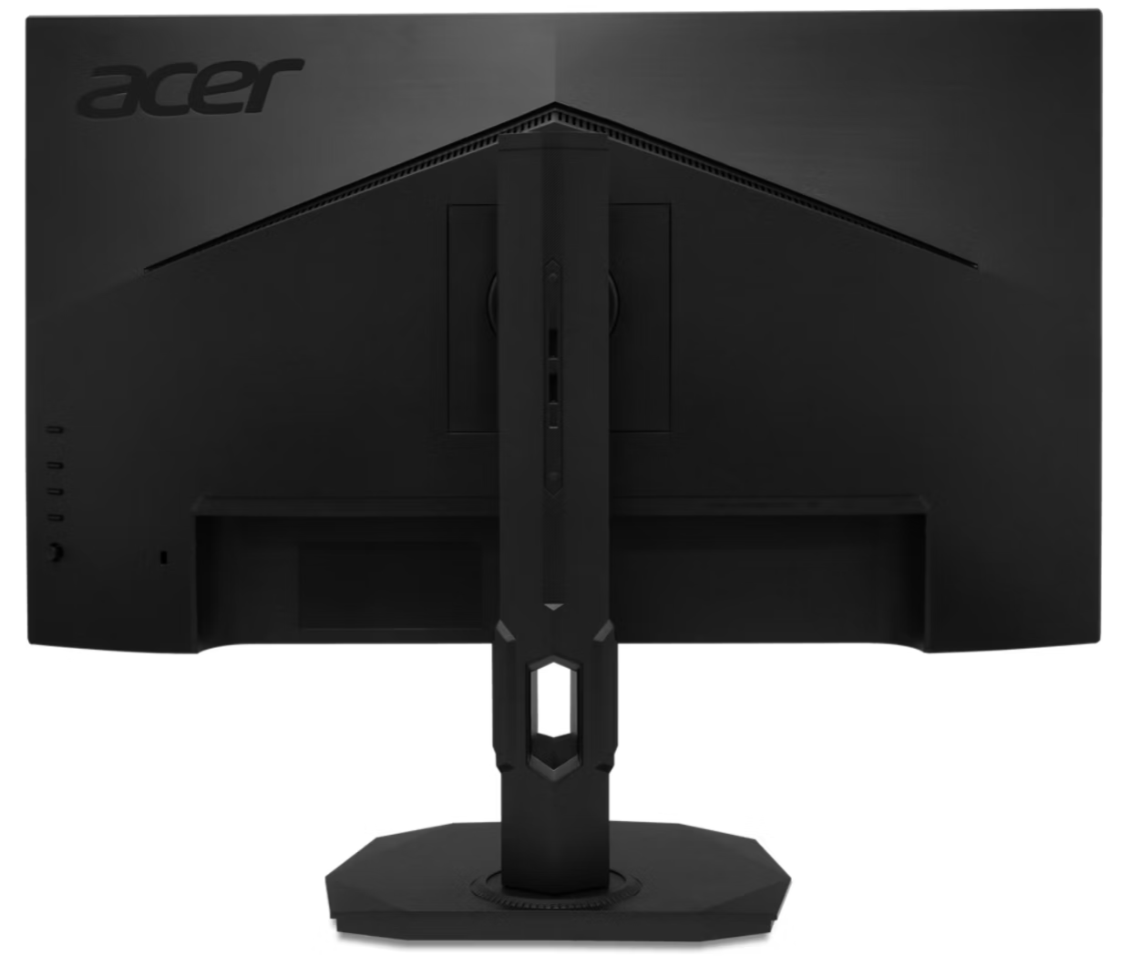 Egy fekete Acer monitor hátulja. Az Acer logója bal felül található. Egy állvány van rögzítve. Bal oldalon portok és gombok találhatók.
