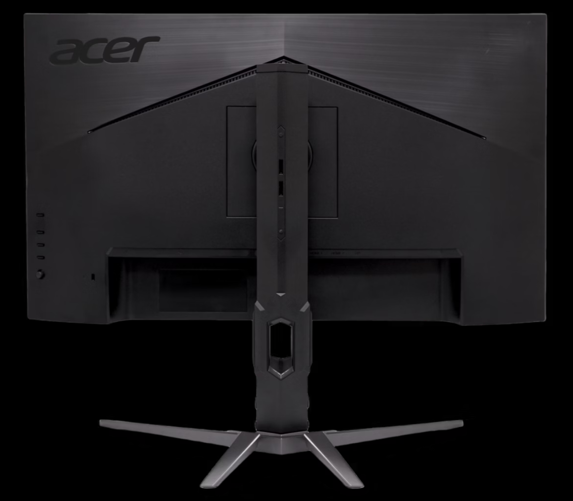 Egy fekete Acer monitor hátulja látható. Látványos a tartó és az Acer logója. A háttér fekete.
