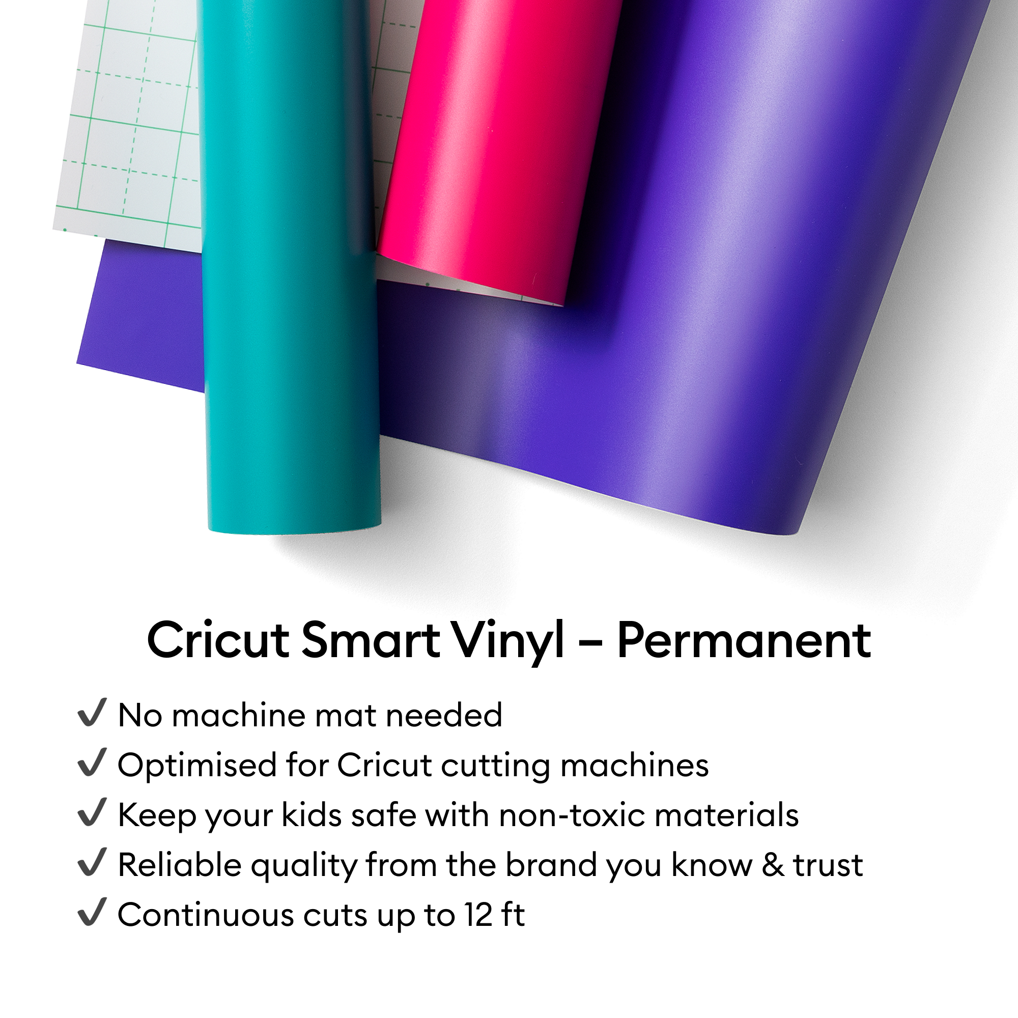 Das Bild zeigt Rollen aus teal, rosa und lila Vinyl. Text: 'Cricut Smart Vinyl - Permanent' und seine Vorteile.