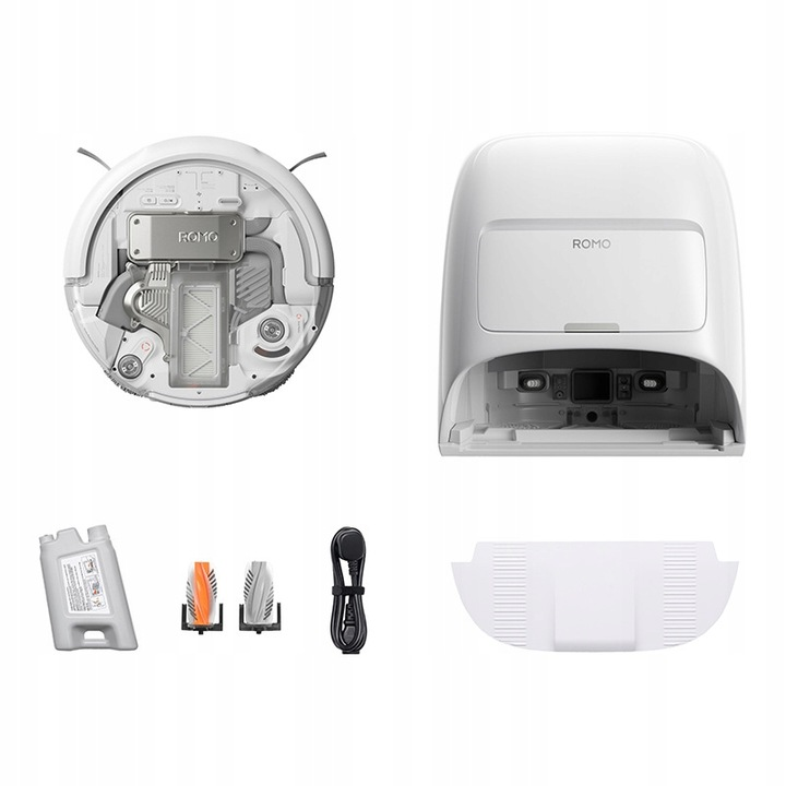 Białe części robota odkurzającego: robot, stacja ładująca, filtry, przewód zasilający i akcesoria czyszczące. Wszystko na białym tle.