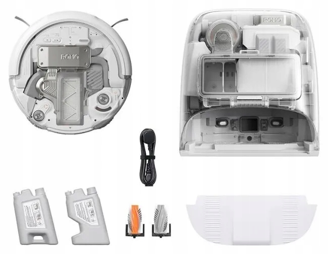 Odkurzacz robot rozebrany, pokazujący wewnętrzne komponenty, stację ładującą, szczotki i zbiorniki na wodę. Różne białe i szare części.