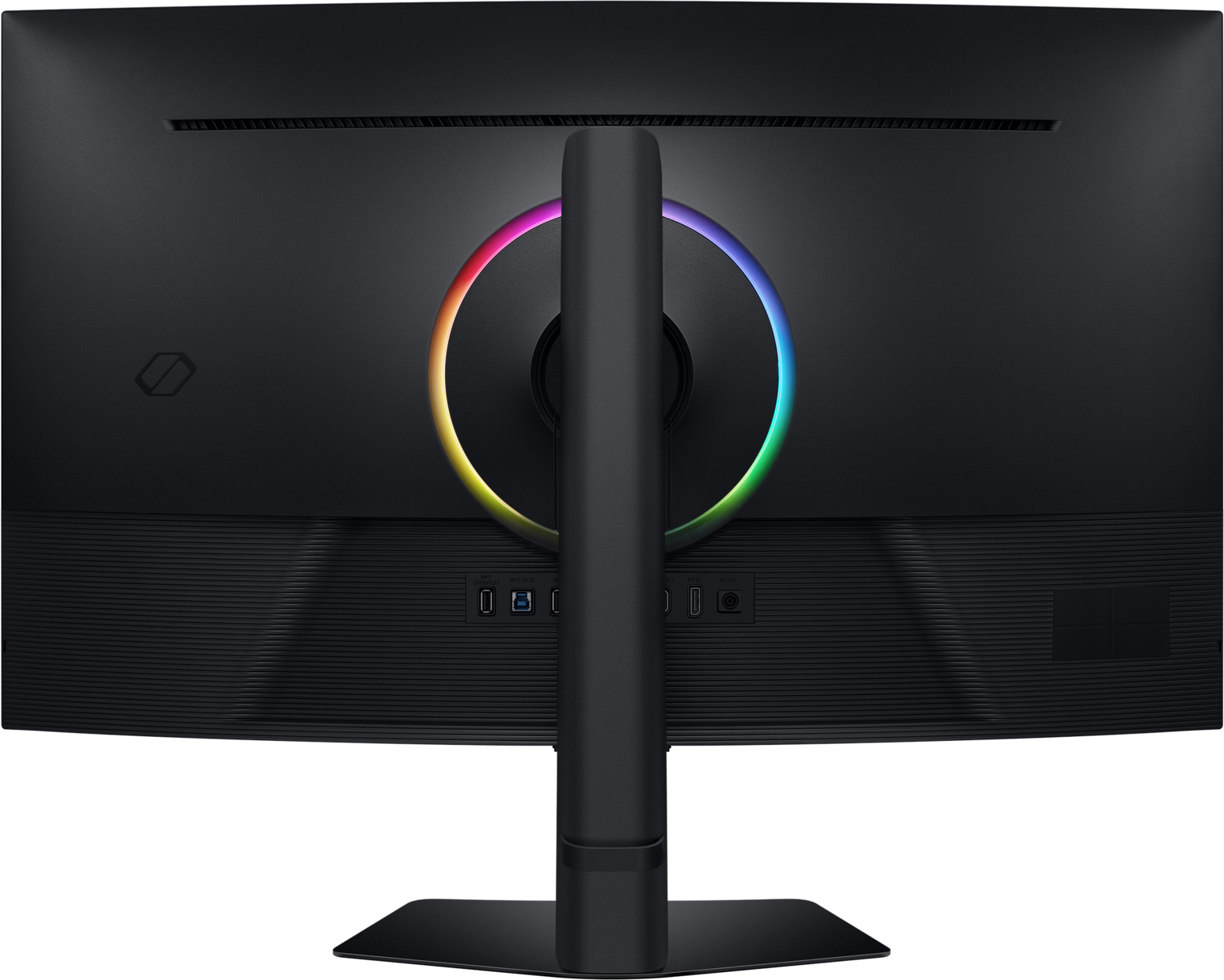 L'arrière d'un écran d'ordinateur noir. Il possède un anneau lumineux coloré, des ports et un pied. La surface est texturée.