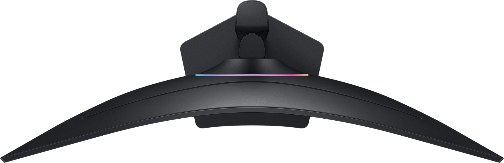 Vue de dessus d'un écran d'ordinateur noir incurvé avec support sur fond noir. Lumières RVB visibles.