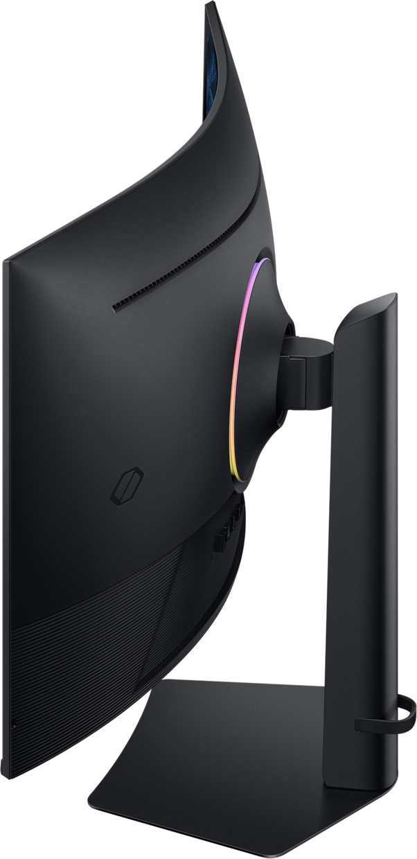 Vue latérale d'un moniteur noir incurvé avec un pied. Le moniteur a une bande lumineuse colorée à l'arrière.