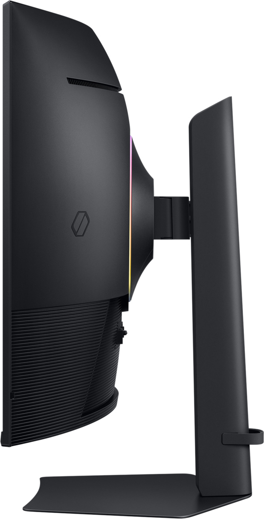 Vue latérale d'un moniteur noir. Il a un écran incurvé, un support et une bande lumineuse multicolore.