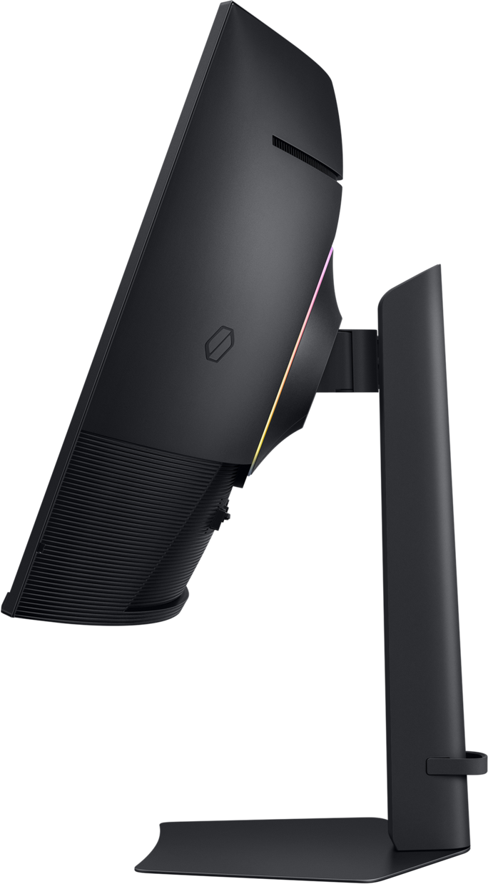Vue latérale d'un moniteur noir. Il a un dos incurvé avec des lignes horizontales, un support et une bande lumineuse multicolore.
