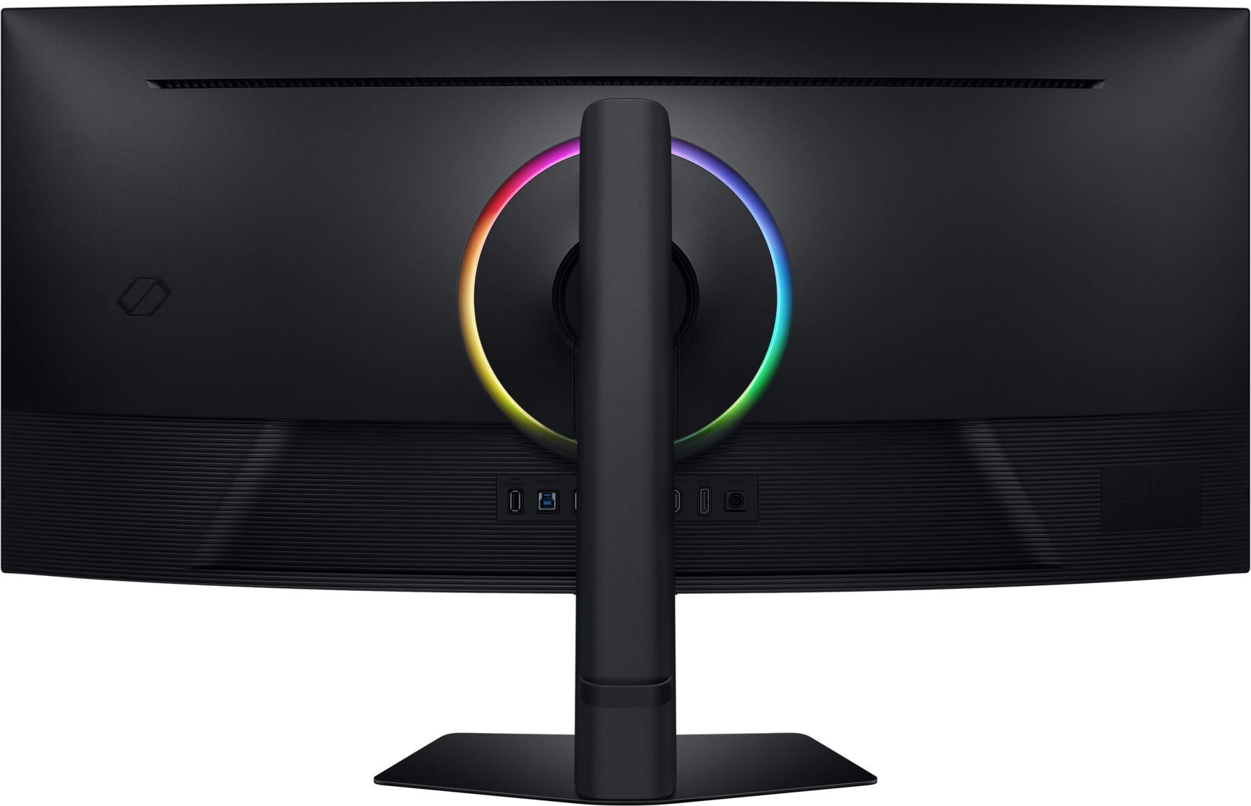 L'arrière d'un écran noir incurvé avec un support. Un anneau lumineux coloré entoure le point de connexion du support.