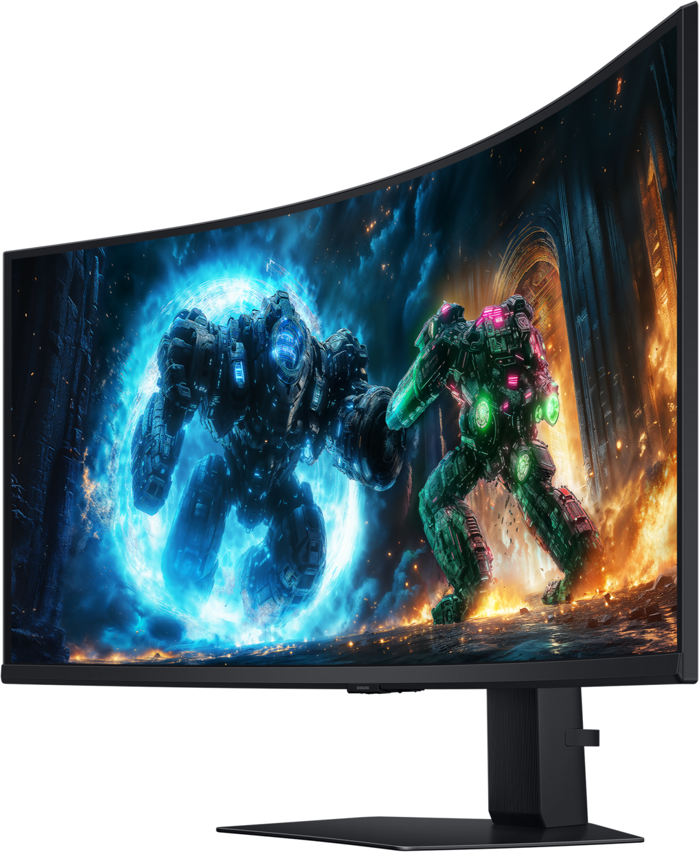 L'écran incurvé affiche une scène de bataille avec deux robots. L'un est bleu, l'autre vert, sur un fond enflammé.