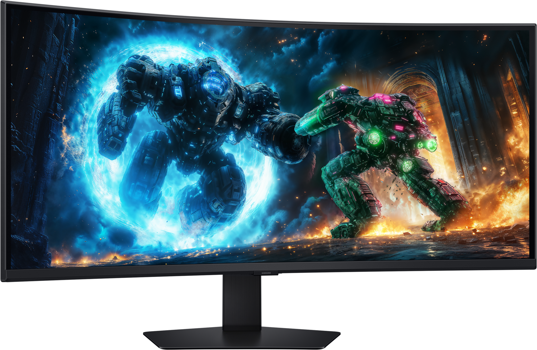 Un moniteur incurvé affiche une scène de bataille avec deux mechs. Un mech bleu affronte un mech vert au milieu du feu.