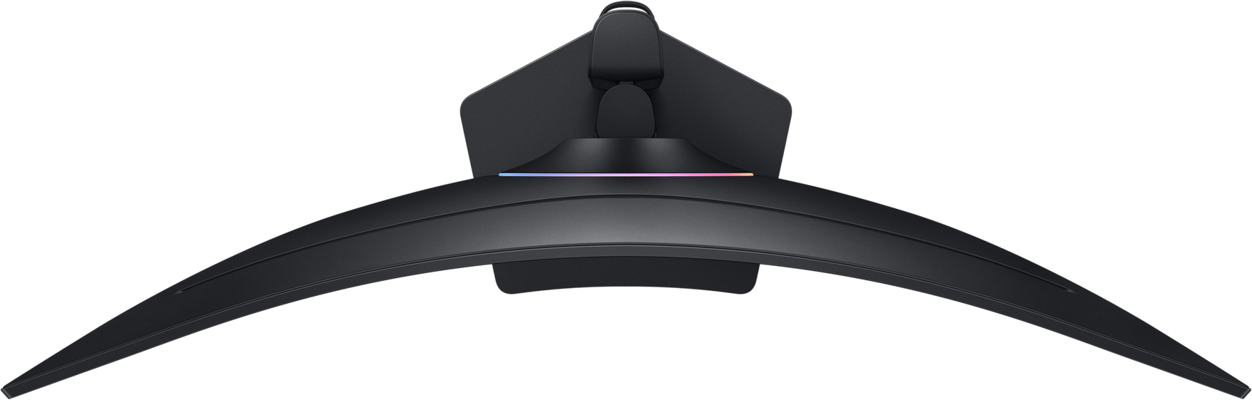 Vue de dessus d'un support d'écran noir. Il a une base incurvée avec un fond noir. Lumières multicolores.