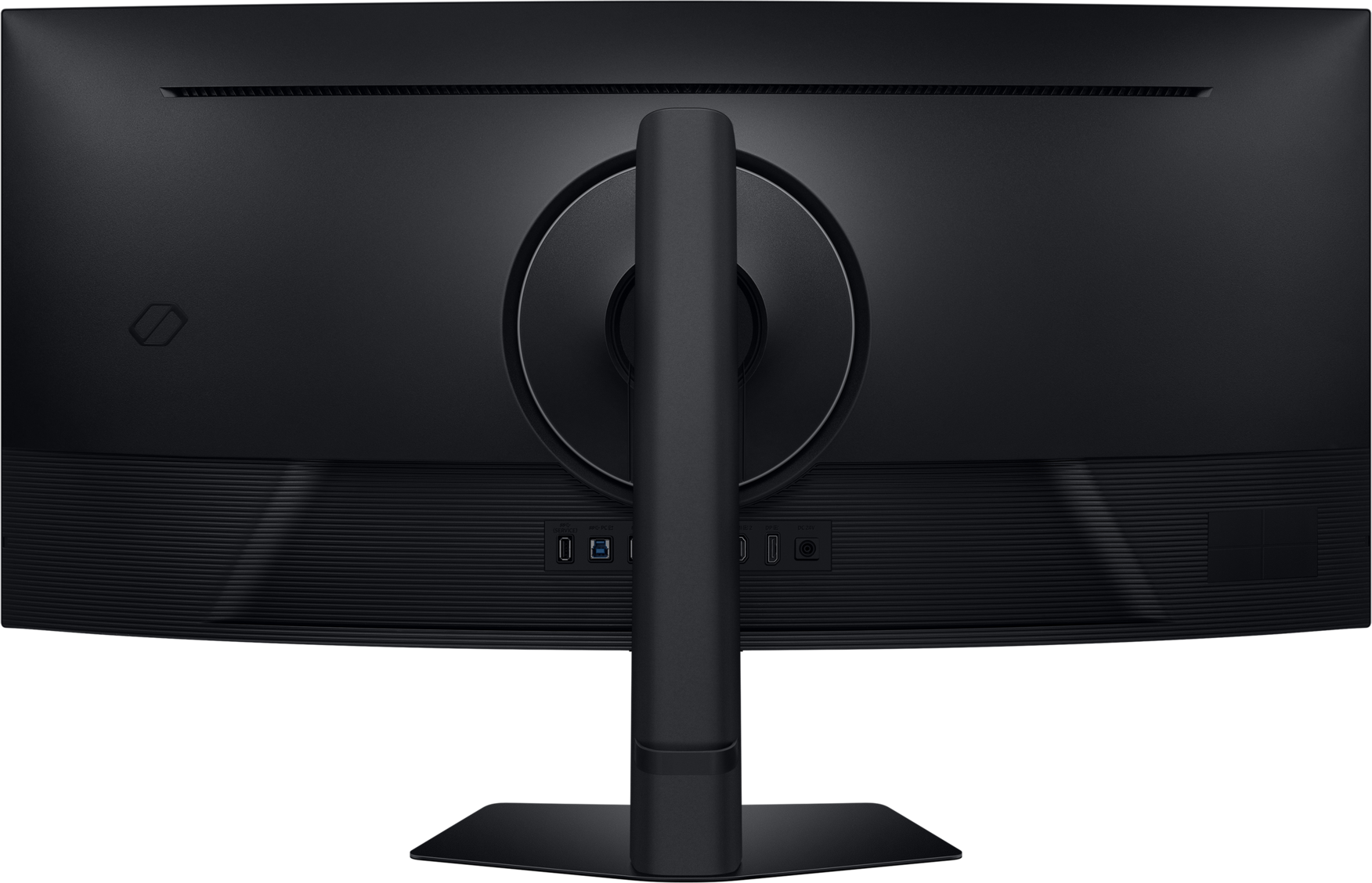 L'arrière d'un moniteur noir avec un pied. Il possède des ports USB, HDMI et d'alimentation. Un support circulaire est visible.