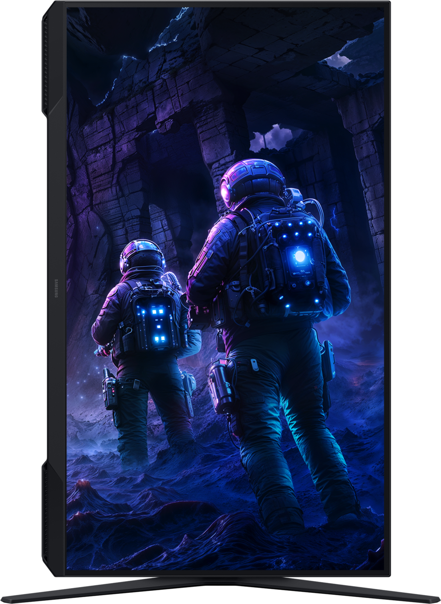 Deux astronautes en combinaisons spatiales explorent un paysage rocheux et extraterrestre avec un fond sombre et caverneux. Des lumières brillent sur leurs dos.