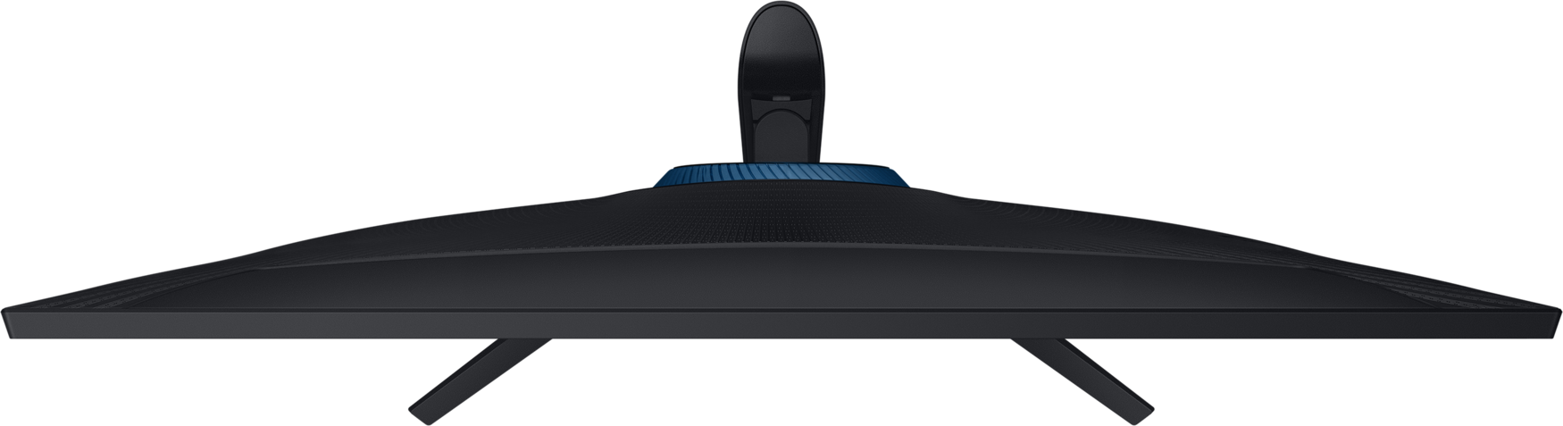Vue de dessus d'un moniteur d'ordinateur noir. Un accent bleu est visible en haut, ainsi que le support.