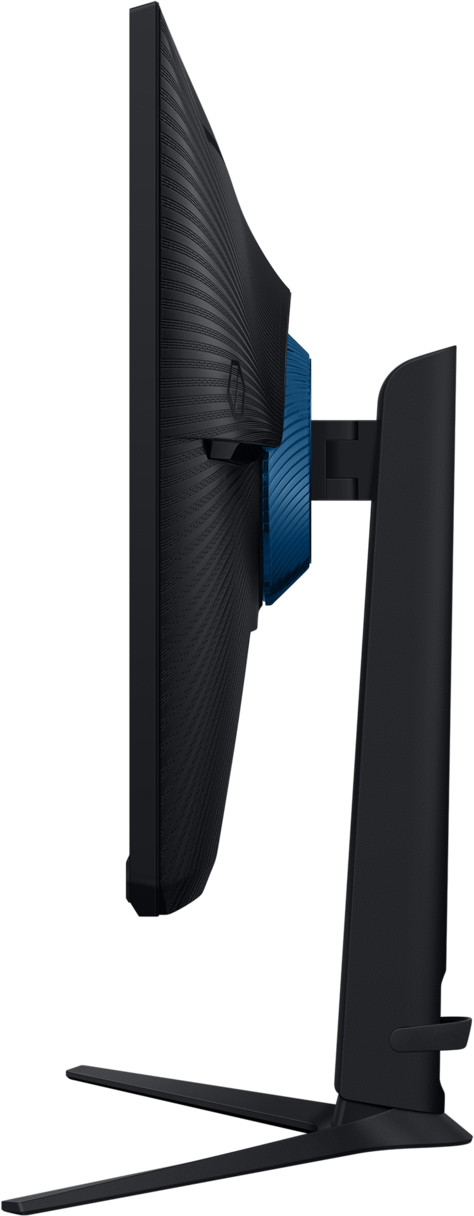 Vue latérale d'un moniteur noir incurvé avec un accent bleu. Il possède un pied et un dos texturé.