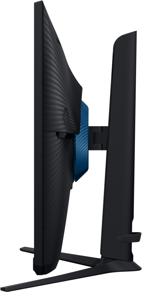 Vue latérale d'un moniteur noir incurvé avec un accent bleu. Le moniteur est sur un support noir. Fond noir.
