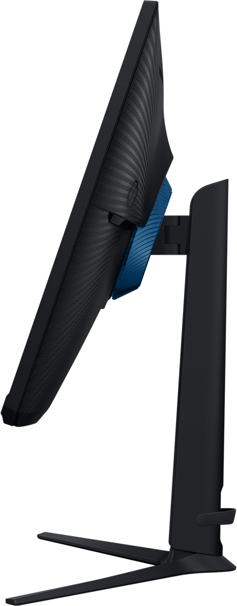 Vue latérale d'un écran d'ordinateur noir avec un accent bleu à l'arrière, soutenu par un pied noir. Vue en angle.