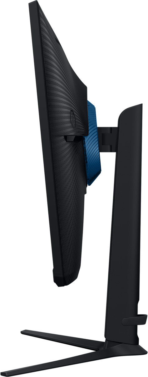 Vue latérale d'un écran d'ordinateur noir avec un accent bleu à l'arrière, soutenu par un support noir.