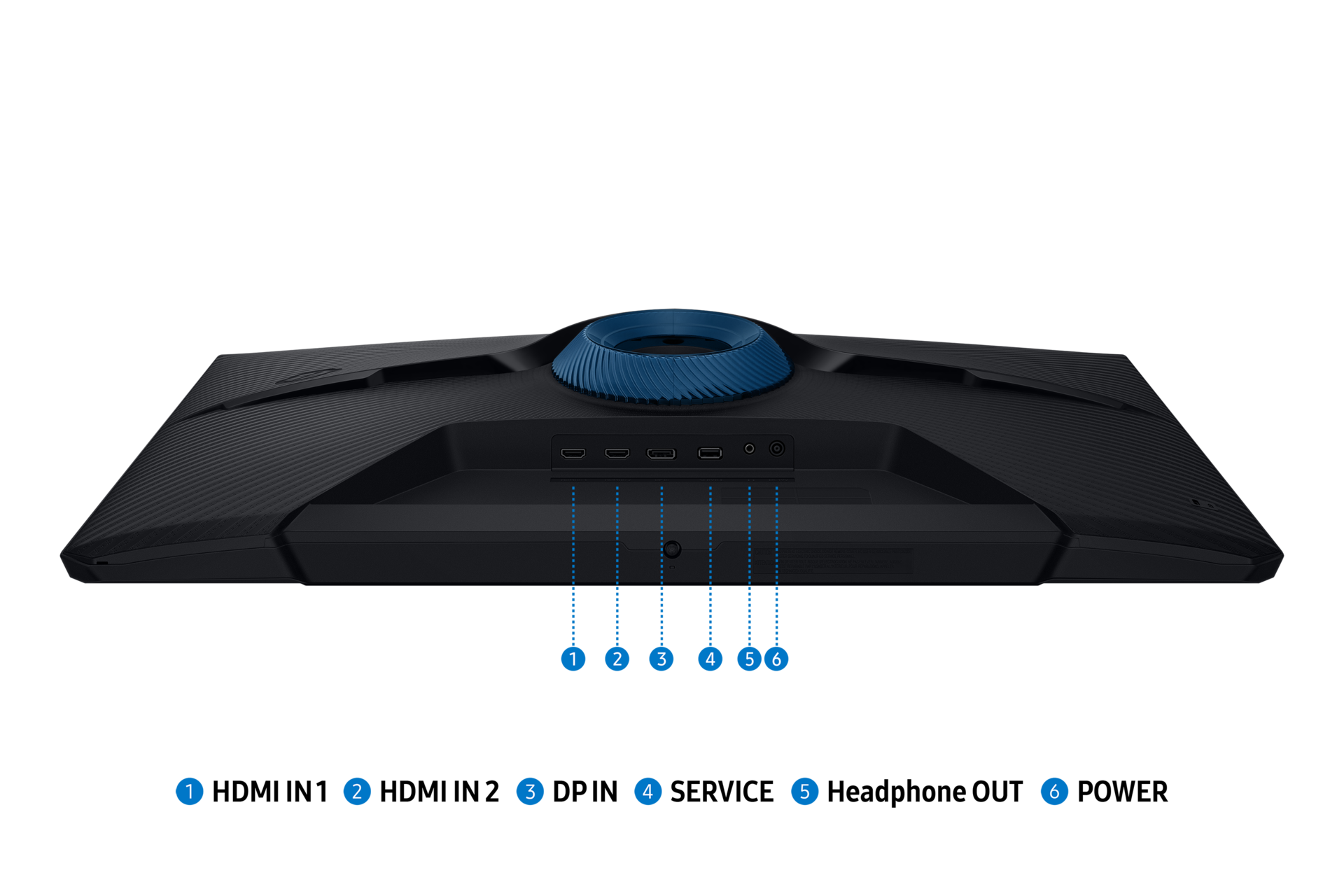 L'arrière d'un écran d'ordinateur noir avec des accents bleus. Il comporte plusieurs ports et un design circulaire bleu en haut.