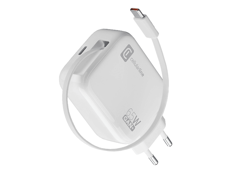 CELLULARLINE Retractable Power Wandladegerät mit einziehbarem USB-C-Kabel und USB-C-Anschluss Universal 65 W, Weiss