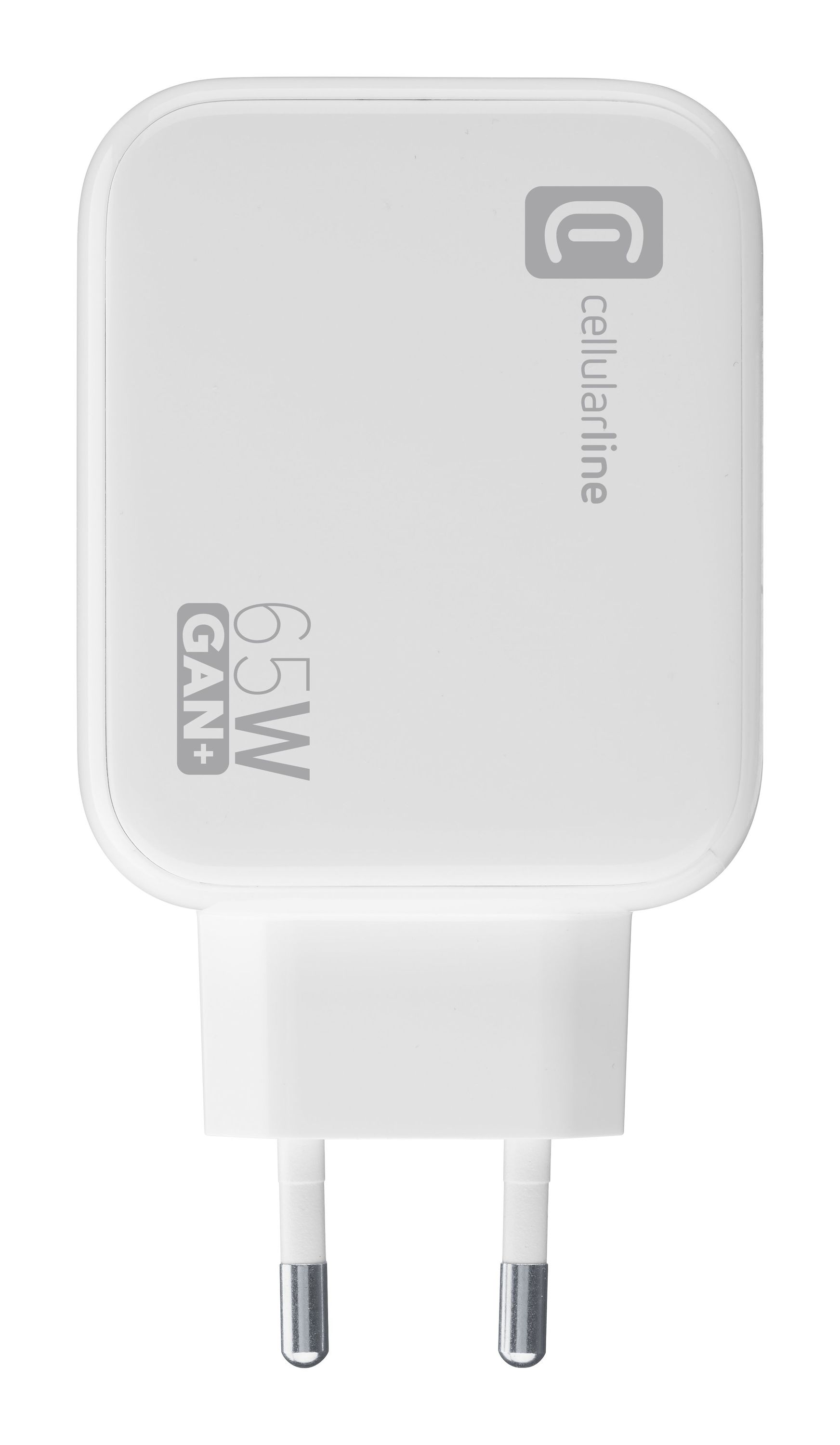 Ein weißes Cellularline 65W GAN+ Ladegerät mit zwei Metallspitzen.