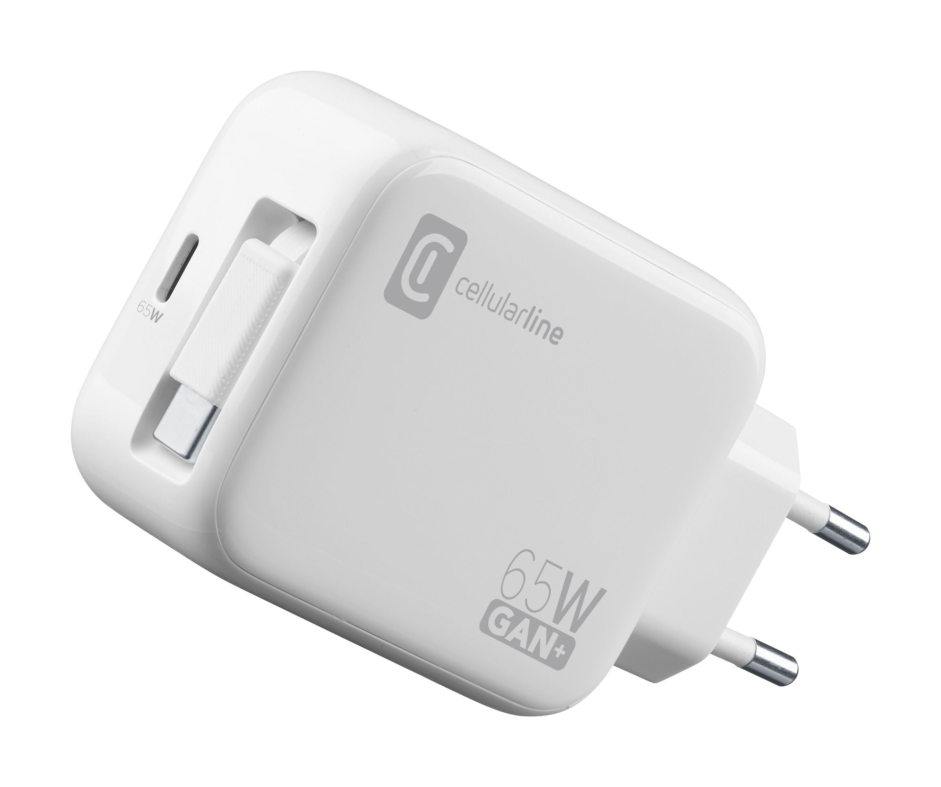 Ein weißes cellularline 65W GAN+ Ladegerät mit USB-C-Anschluss, Stecker und cellularline Logo.