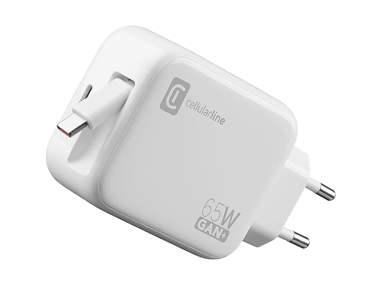 Cellular Line Retractable Power Reiselader, GaN 65W, USB Type-C inkl. Kabel, Weiß; Ladegerät — Foto 4 von 5