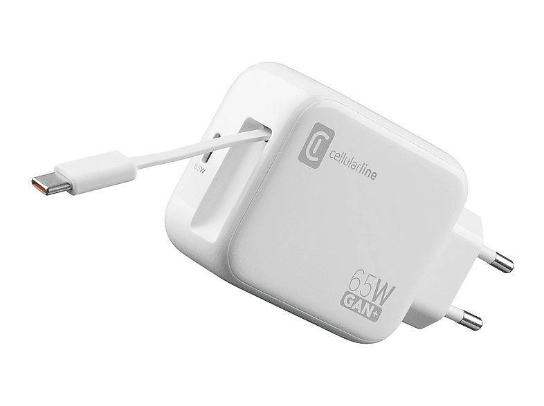 Cellular Line Retractable Power Reiselader, GaN 65W, USB Type-C inkl. Kabel, Weiß; Ladegerät — Foto 5 von 5