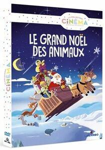Couverture de film d'animation : Père Noël dans un traîneau tiré par des rennes, avec d'autres animaux, volant au-dessus d'un paysage enneigé.