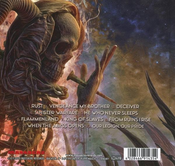 Das Albumcover zeigt eine gehörnte Skelettfigur mit einem Nagel in der Hand, in einem kosmischen Setting mit Songtiteln.